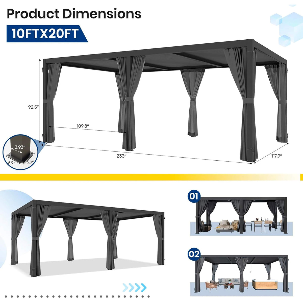 Alora Premium Louvered Pergola With Curtains And Netting 10'x20'