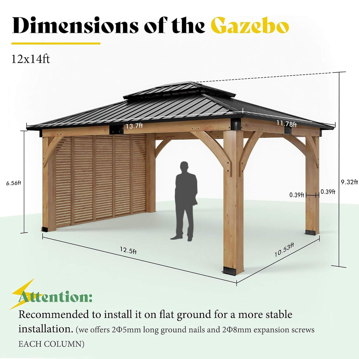 Alora Modern Double-Tier Hardtop Spruce Wood Gazebo With Built-In Privacy Wall & Ceiling Hooks - 12' x 14'
