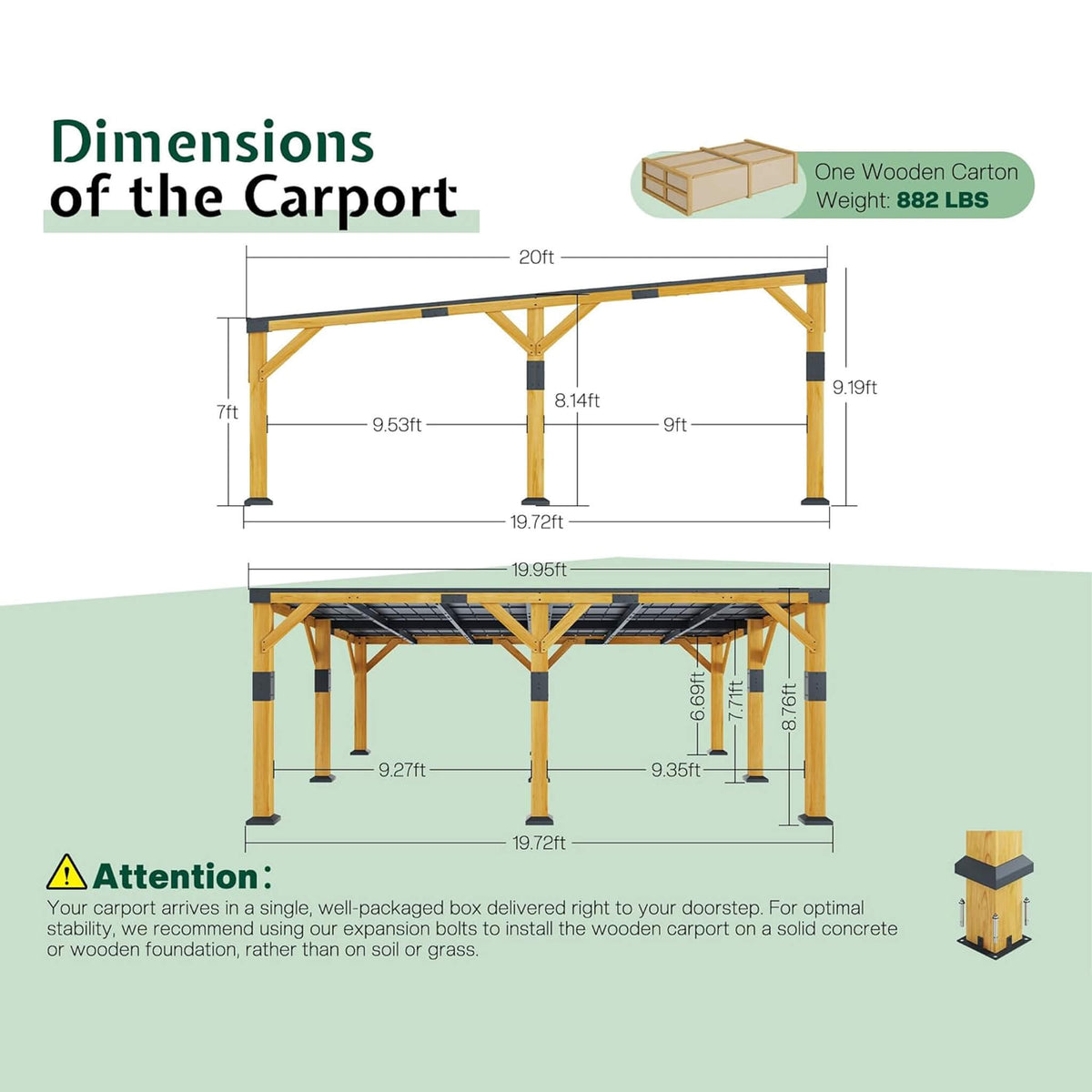 Alora Heavy-Duty All-Weather Outdoor Cedar Wood Carport With Galvanized Steel Roof 20'x20'