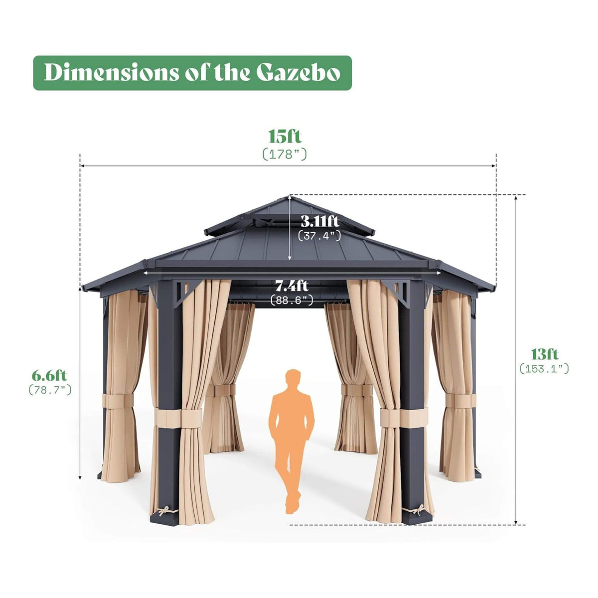 Alora Double-Tier Hexagonal Metal Hardtop Patio Gazebo With Curtains - 13' x 15'