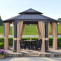 Alora Double-Tier Hexagonal Metal Hardtop Patio Gazebo With Curtains - 13' x 15'