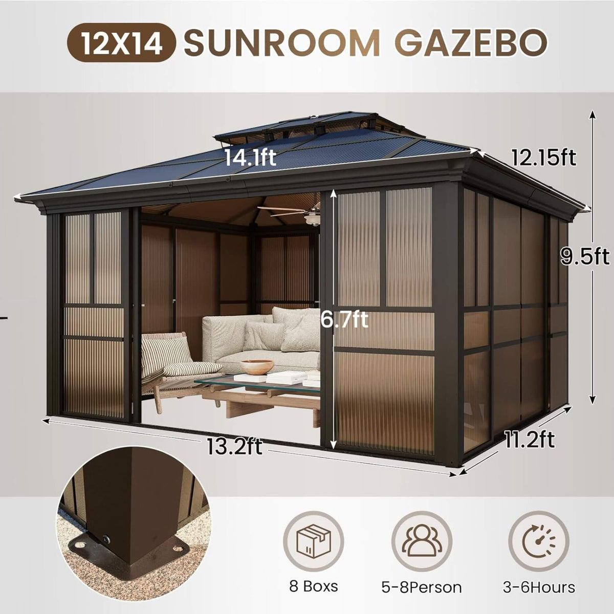 Alora Edge Heavy-Duty Aluminum Frame Outdoor Solarium With Polycarbonate Roof And Adjustable Panels - Various Sizes