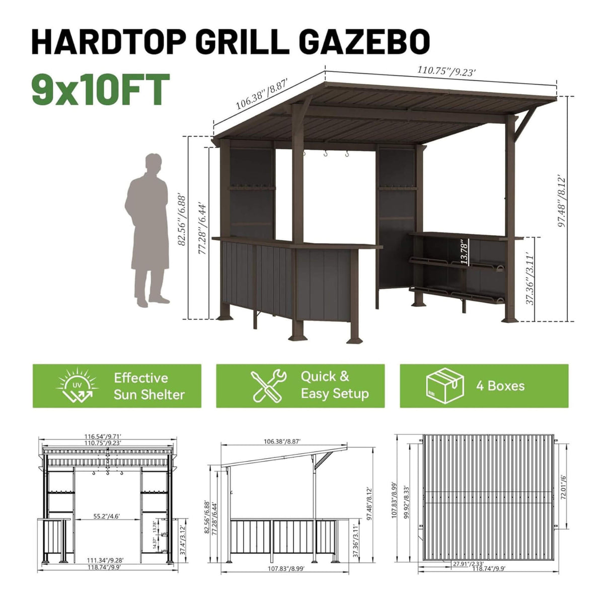 Alora Modern Slanted Hardtop Alloy Steel Grill Gazebo 9'x10'