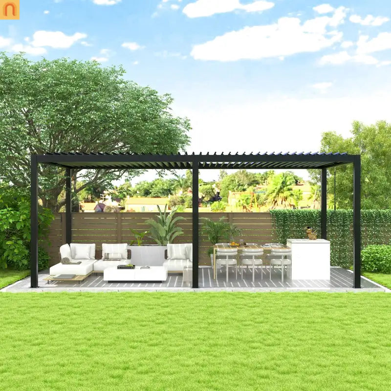 Pergola Louvered Aluminum Steel Louvers Black 10x19ft Adjustable Roof