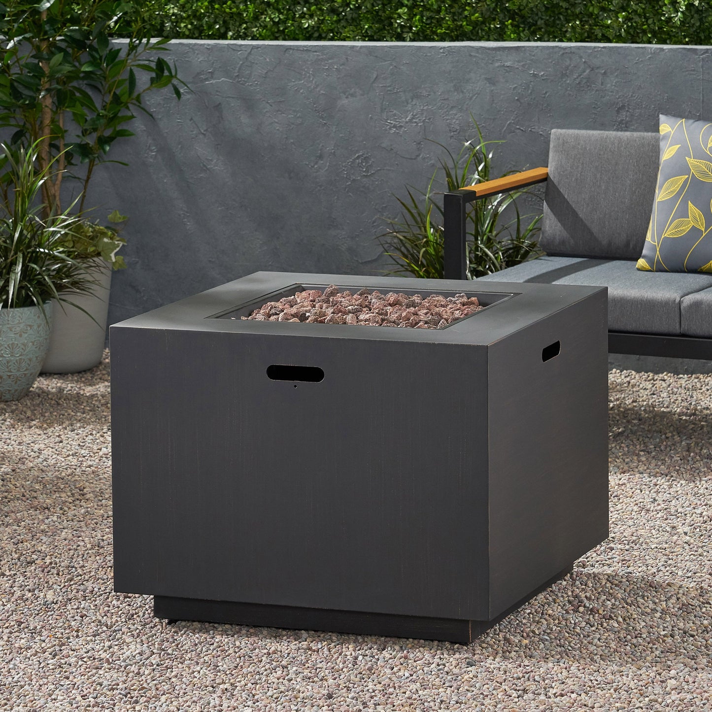 33' Outdoor Iron Square Propane Fire Pit, Tank Inside, Brushed Brown 50,000 BTU