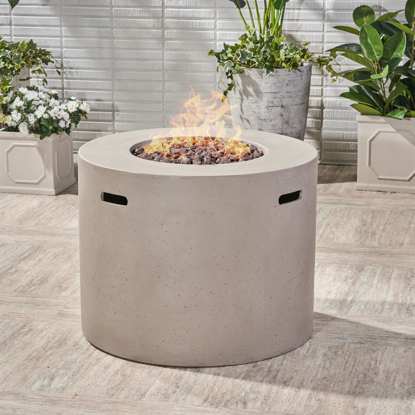 Light Grey Magnesium Oxide 31 in Round Fire Pit with 40,000 BTU for Patio Use