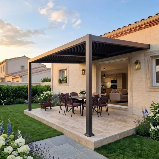 Alora Modern Louvered Wall-Mounted Pergola With Aluminum Frame - 10' x 12'