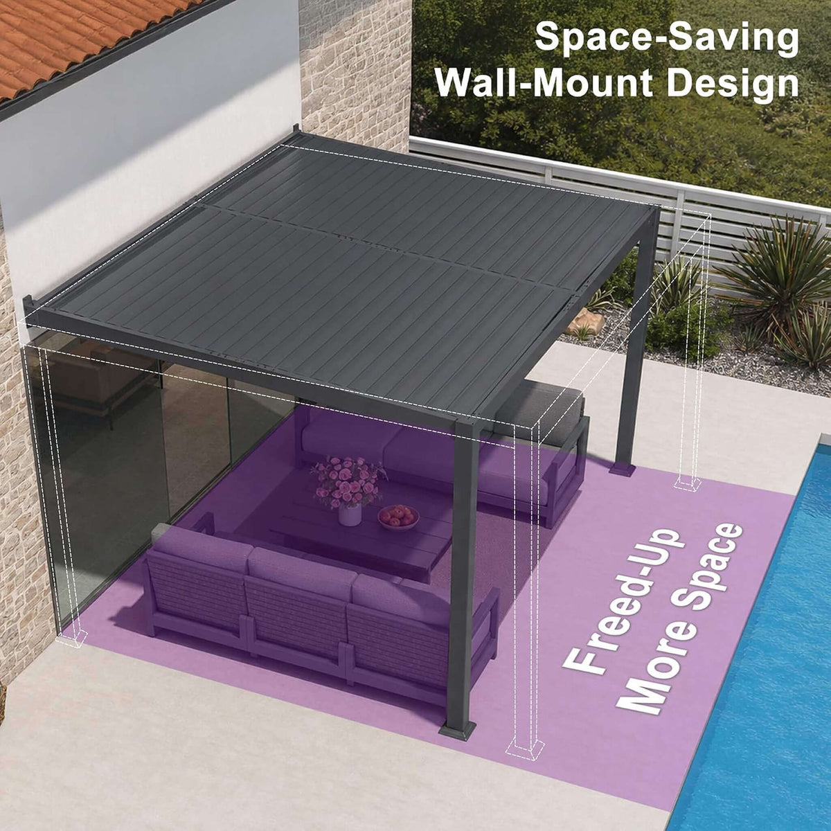 Alora Modern Louvered Wall-Mounted Pergola With Aluminum Frame 10'x12'