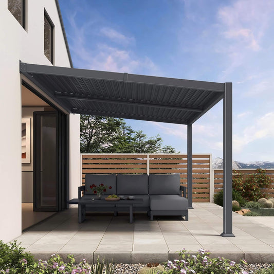 Alora Modern Wall-Mounted Louvered Pergola With Aluminum Frame - 10' x 14'