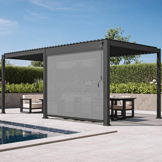 Alora Modern Outdoor Adjustable Charcoal Louvered Pergola With Screens And Built-In Drainage - 10' x 20'