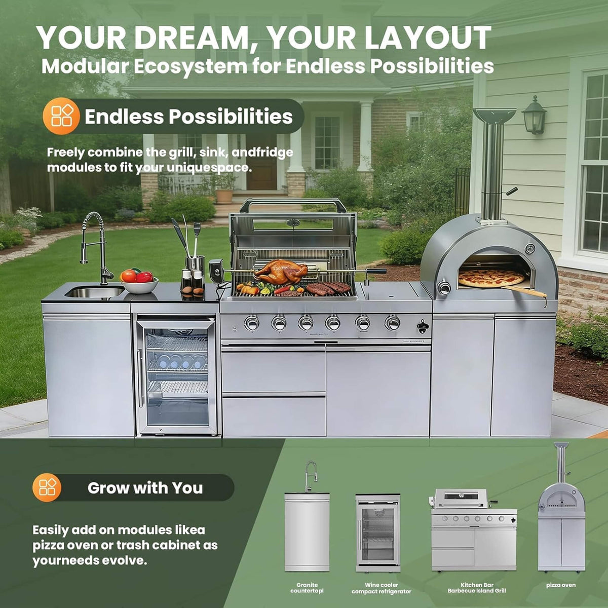 Blazon Outdoor Kitchen Island 4-Burner 108K BTU With Pizza Oven, Rotisserie And Refrigerator 112"
