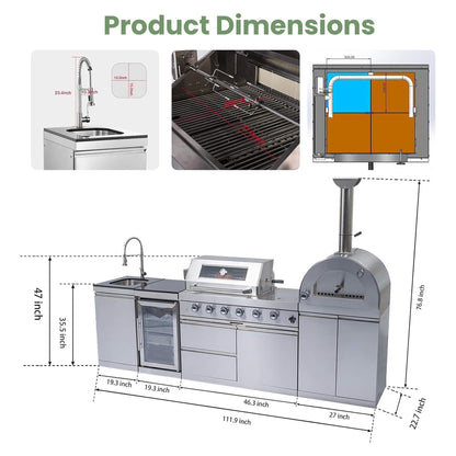 Blazon Outdoor Kitchen Island 4-Burner 108K BTU With Pizza Oven, Rotisserie And Refrigerator 112"