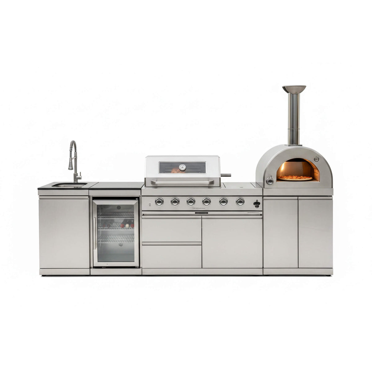 Blazon Outdoor Kitchen Island 4-Burner 108K BTU With Pizza Oven, Rotisserie And Refrigerator 112"