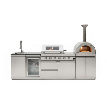 Blazon Outdoor Kitchen Island 4-Burner 108K BTU With Pizza Oven, Rotisserie And Refrigerator 112"