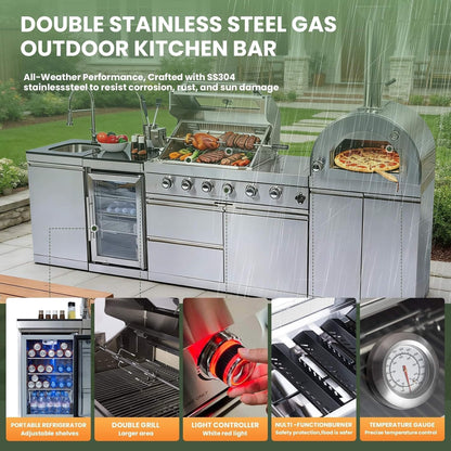 Blazon Outdoor Kitchen Island 4-Burner 108K BTU With Pizza Oven, Rotisserie And Refrigerator 112"