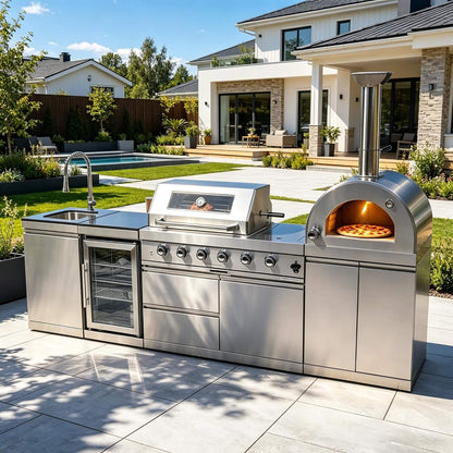 Blazon Outdoor Kitchen Island 4-Burner 108K BTU With Pizza Oven, Rotisserie And Refrigerator 112"