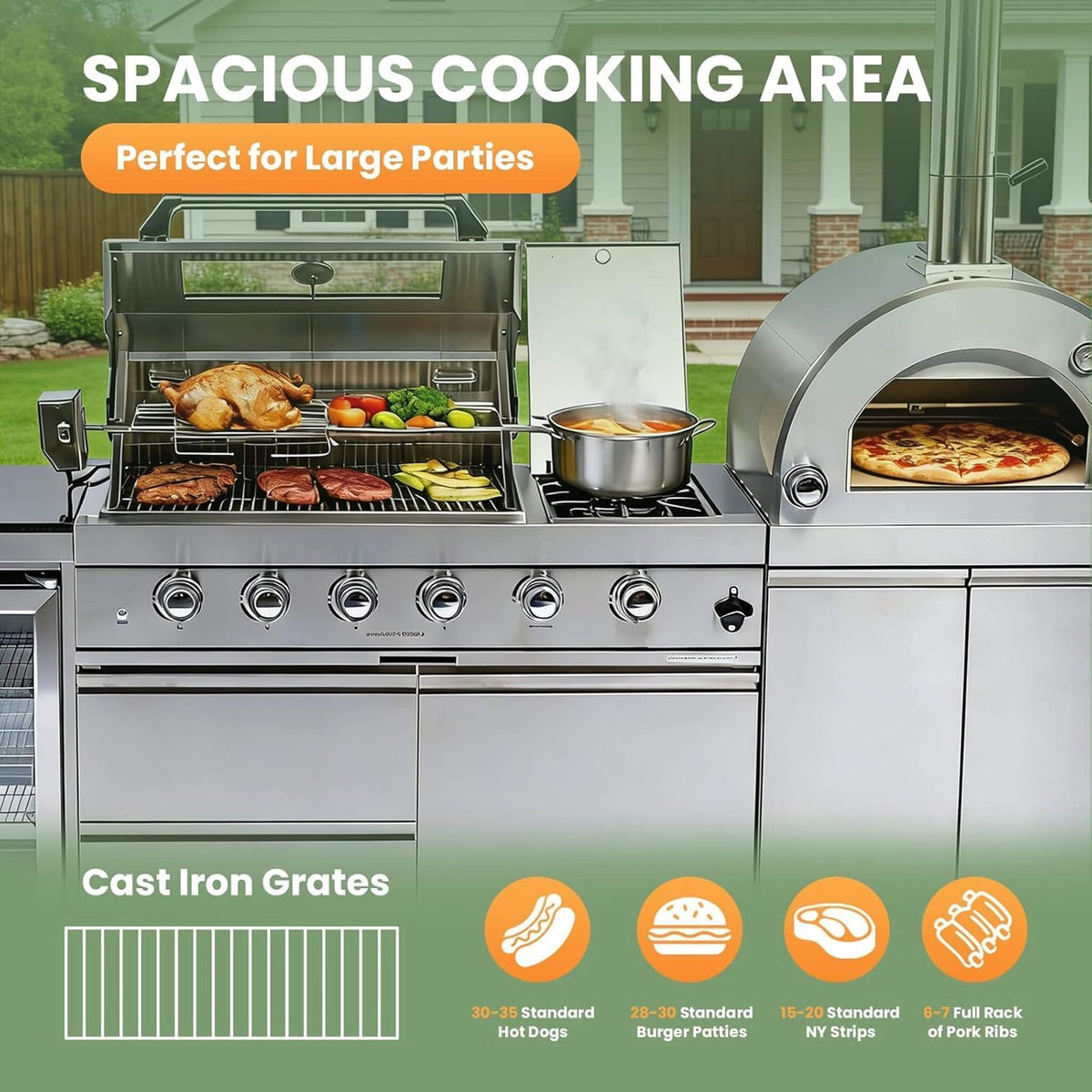 Blazon Outdoor Kitchen Island 4-Burner 108K BTU With Pizza Oven, Rotisserie And Refrigerator 112"