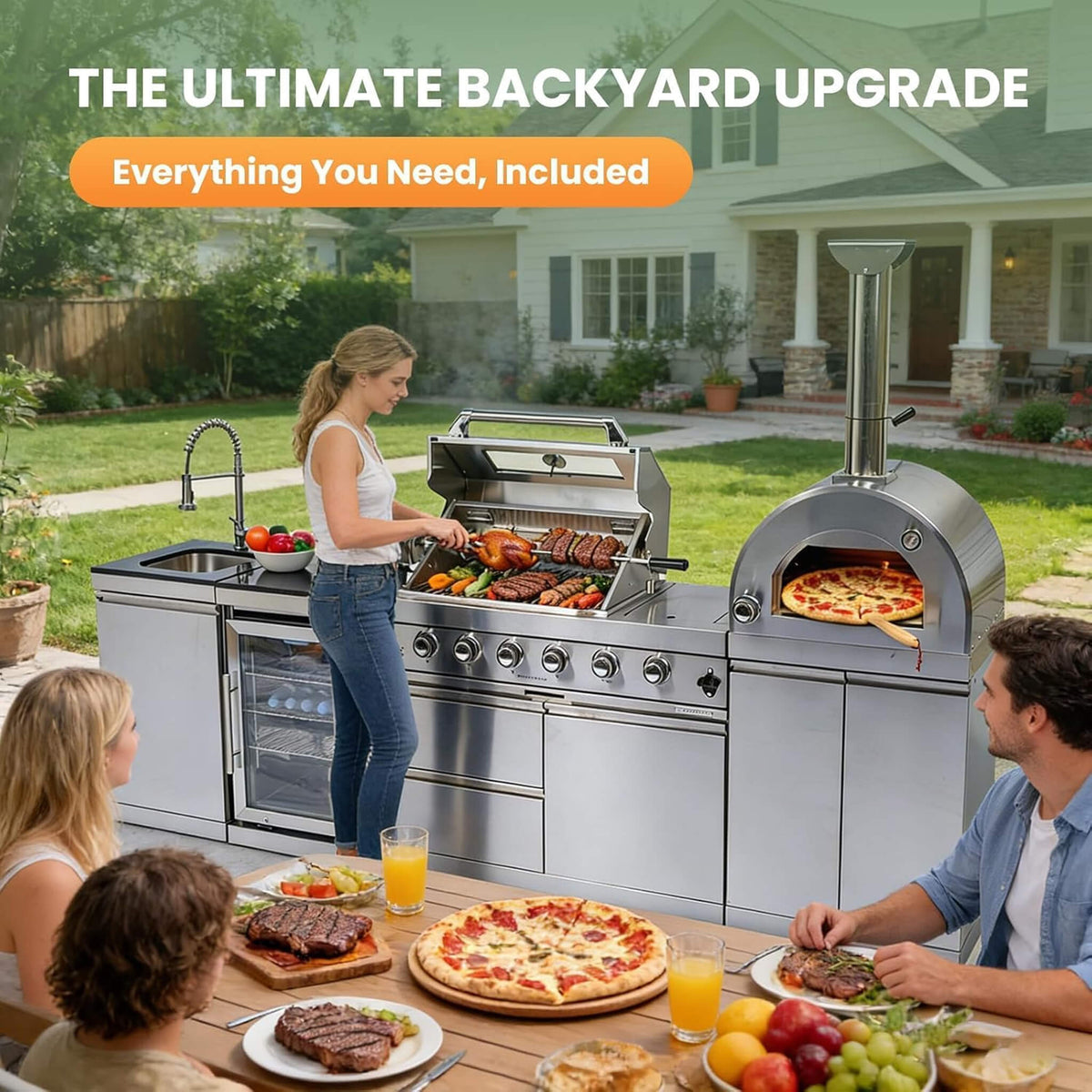 Blazon Outdoor Kitchen Island 4-Burner 108K BTU With Pizza Oven, Rotisserie And Refrigerator 112"