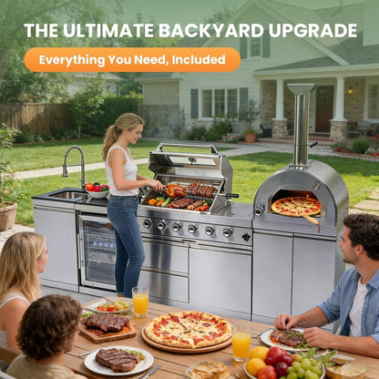 Blazon Outdoor Kitchen Island 4-Burner 108K BTU With Pizza Oven, Rotisserie And Refrigerator 112"