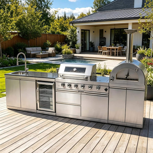 Blazon Outdoor Kitchen Island 4-Burner 108K BTU With Pizza Oven, Rotisserie And Refrigerator - 125"