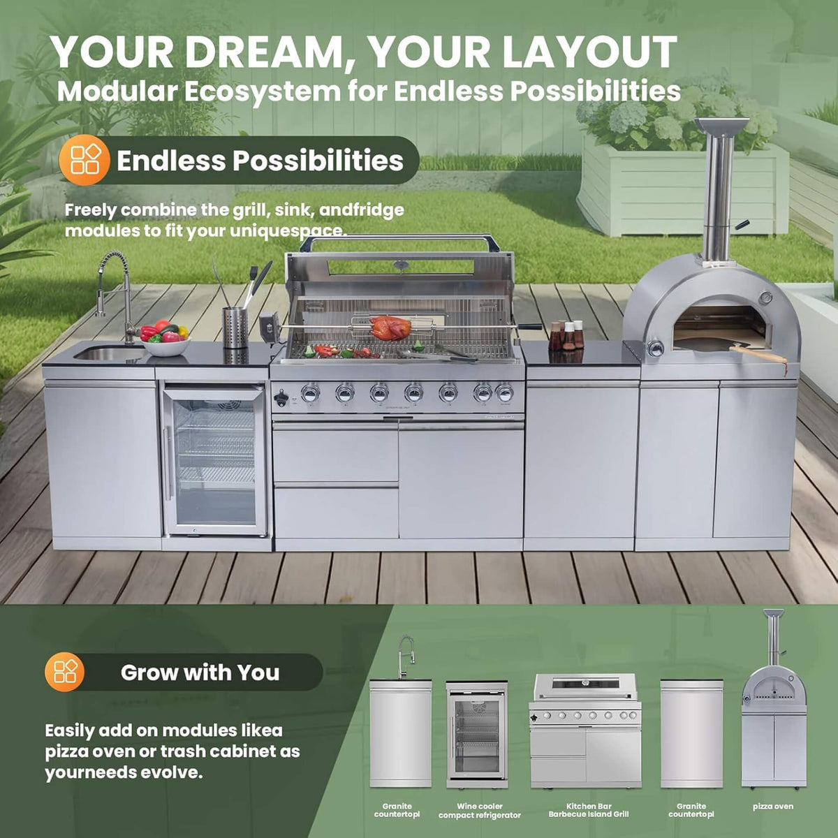 Blazon Outdoor Kitchen Island 6-Burner 120K BTU With Pizza Oven, Rotisserie And Refrigerator 128"
