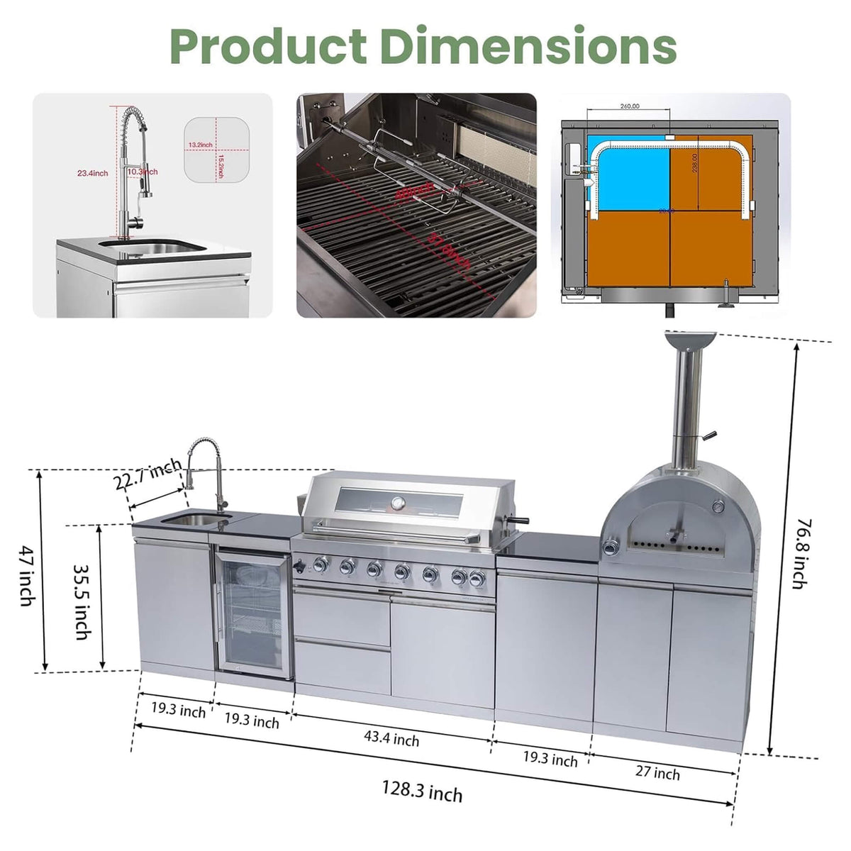 Blazon Outdoor Kitchen Island 6-Burner 120K BTU With Pizza Oven, Rotisserie And Refrigerator 128"
