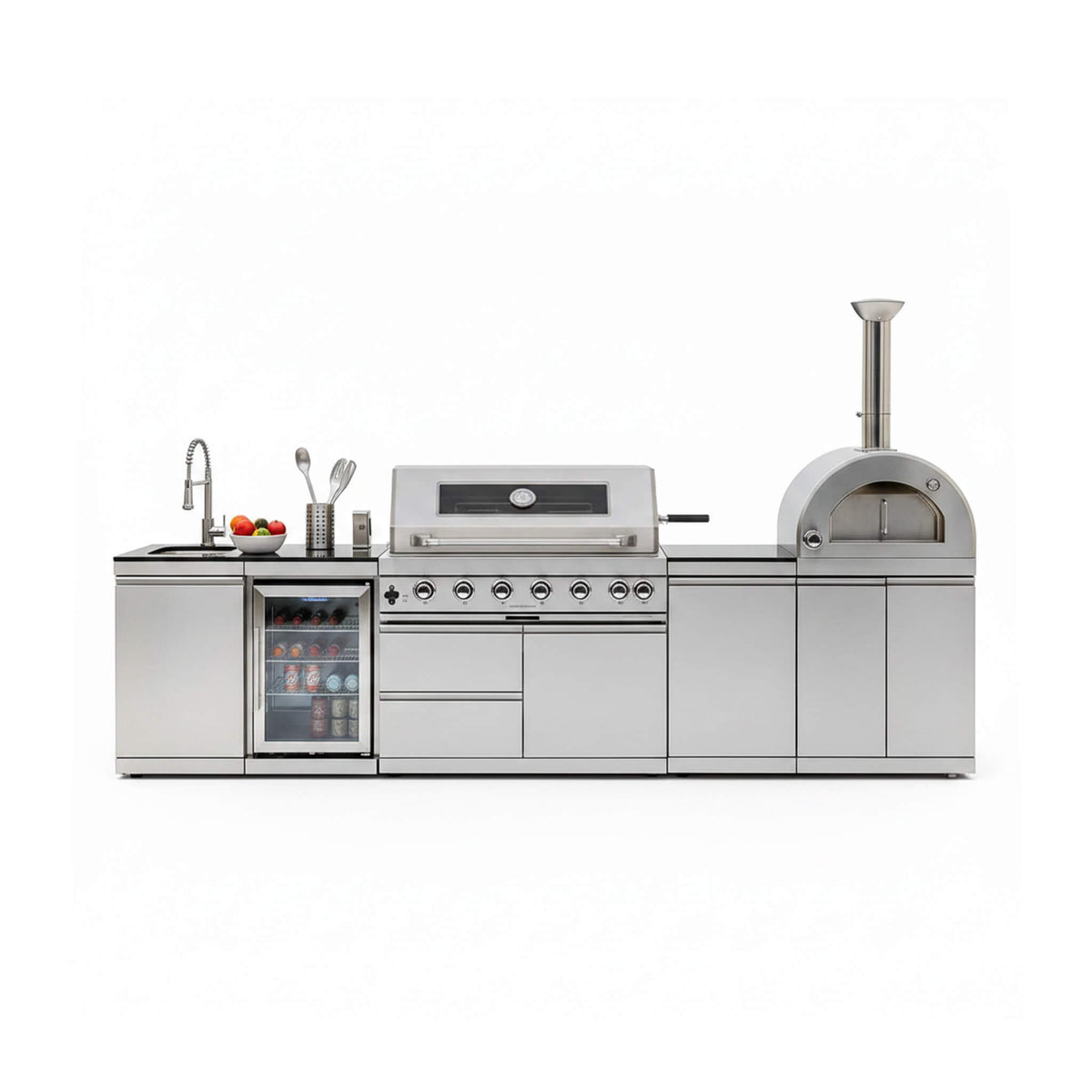 Blazon Outdoor Kitchen Island 6-Burner 120K BTU With Pizza Oven, Rotisserie And Refrigerator 128"