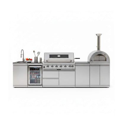 Blazon Outdoor Kitchen Island 6-Burner 120K BTU With Pizza Oven, Rotisserie And Refrigerator 128"