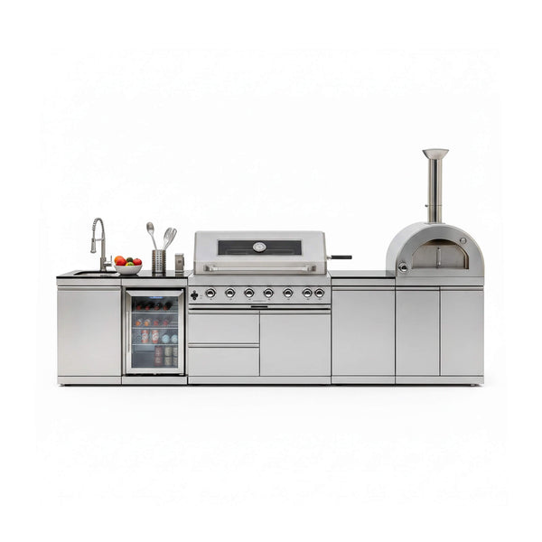 Blazon Outdoor Kitchen Island 6-Burner 120K BTU With Pizza Oven, Rotisserie And Refrigerator - 128"
