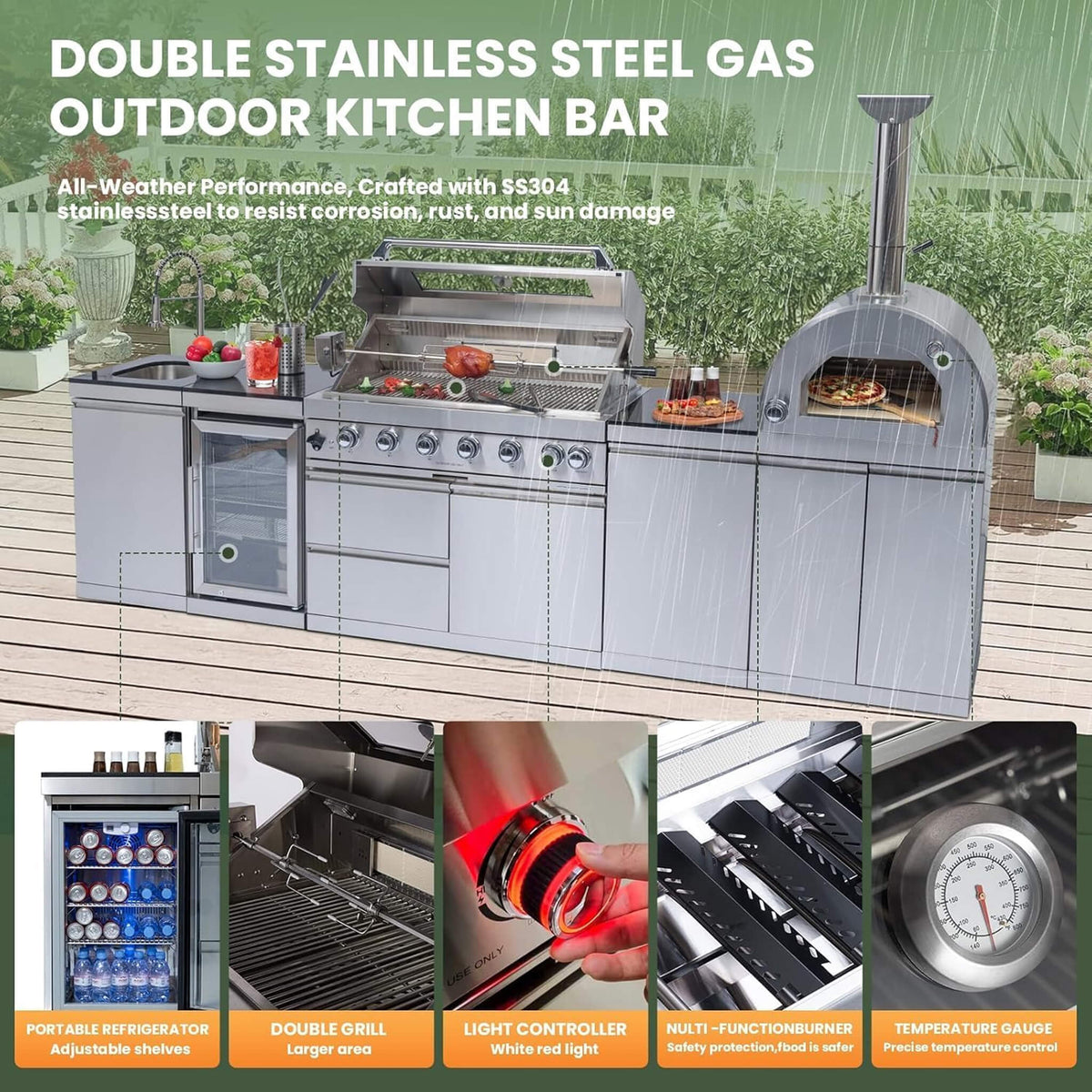 Blazon Outdoor Kitchen Island 6-Burner 120K BTU With Pizza Oven, Rotisserie And Refrigerator 128"