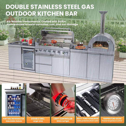 Blazon Outdoor Kitchen Island 6-Burner 120K BTU With Pizza Oven, Rotisserie And Refrigerator 128"