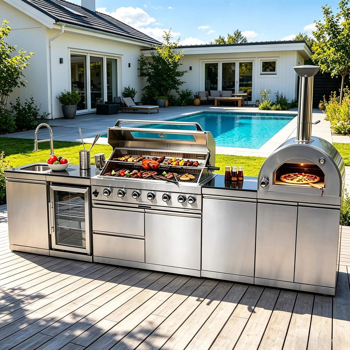 Blazon Outdoor Kitchen Island 6-Burner 120K BTU With Pizza Oven, Rotisserie And Refrigerator 128"