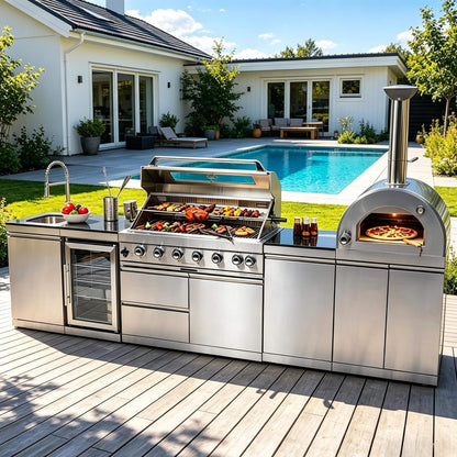 Blazon Outdoor Kitchen Island 6-Burner 120K BTU With Pizza Oven, Rotisserie And Refrigerator 128"