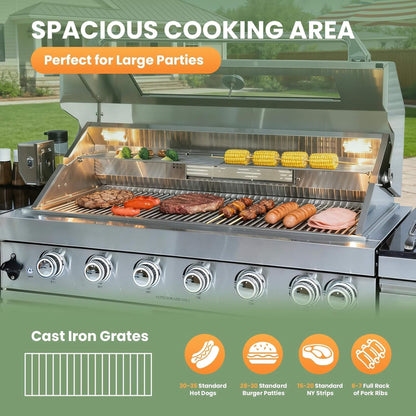 Blazon Outdoor Kitchen Island 6-Burner 120K BTU With Pizza Oven, Rotisserie And Refrigerator 128"