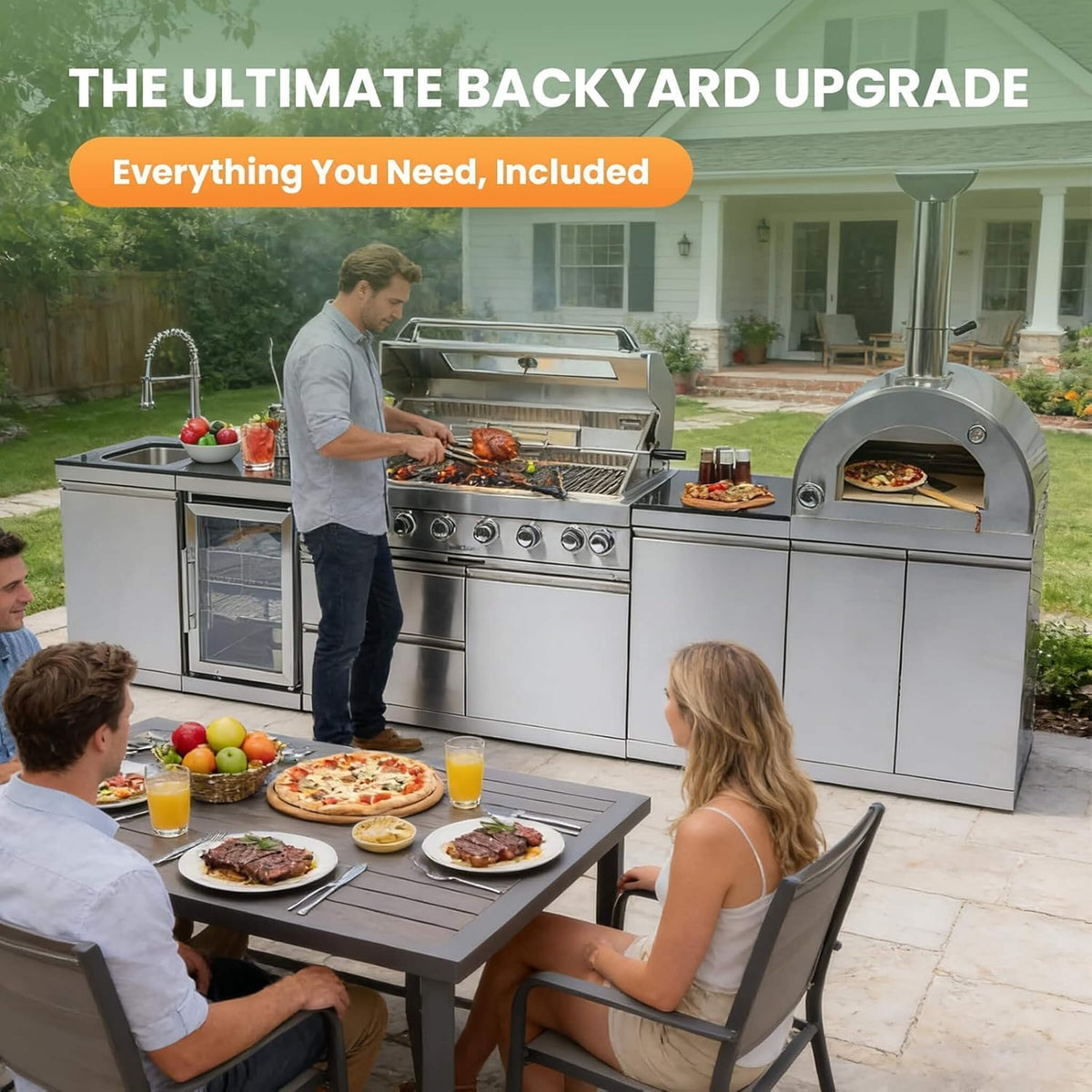 Blazon Outdoor Kitchen Island 6-Burner 120K BTU With Pizza Oven, Rotisserie And Refrigerator 128"