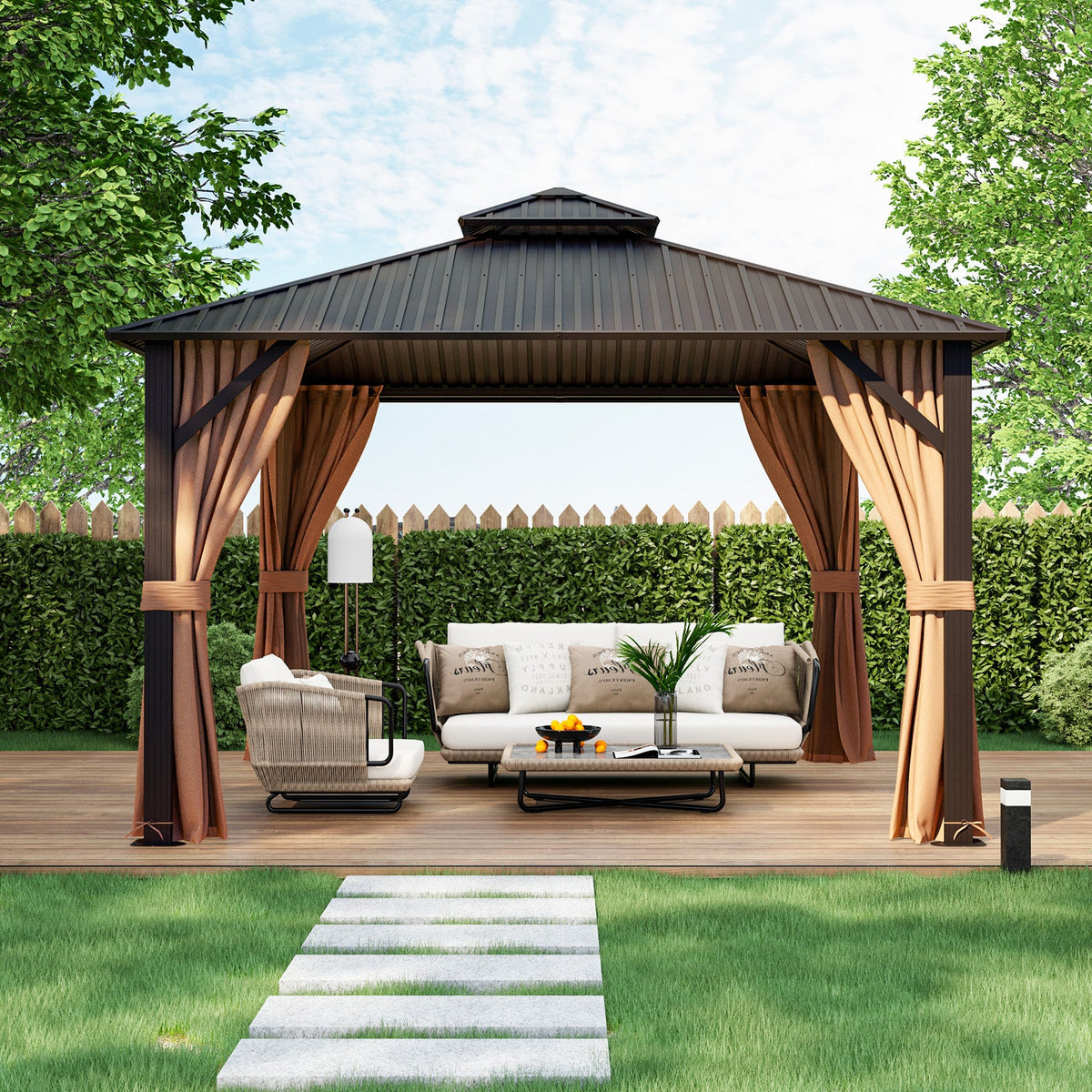 Double-Roof Hardtop Gazebo with Galvanized Steel Roof, Curtains & Netting – Coffee – 12' x 12'