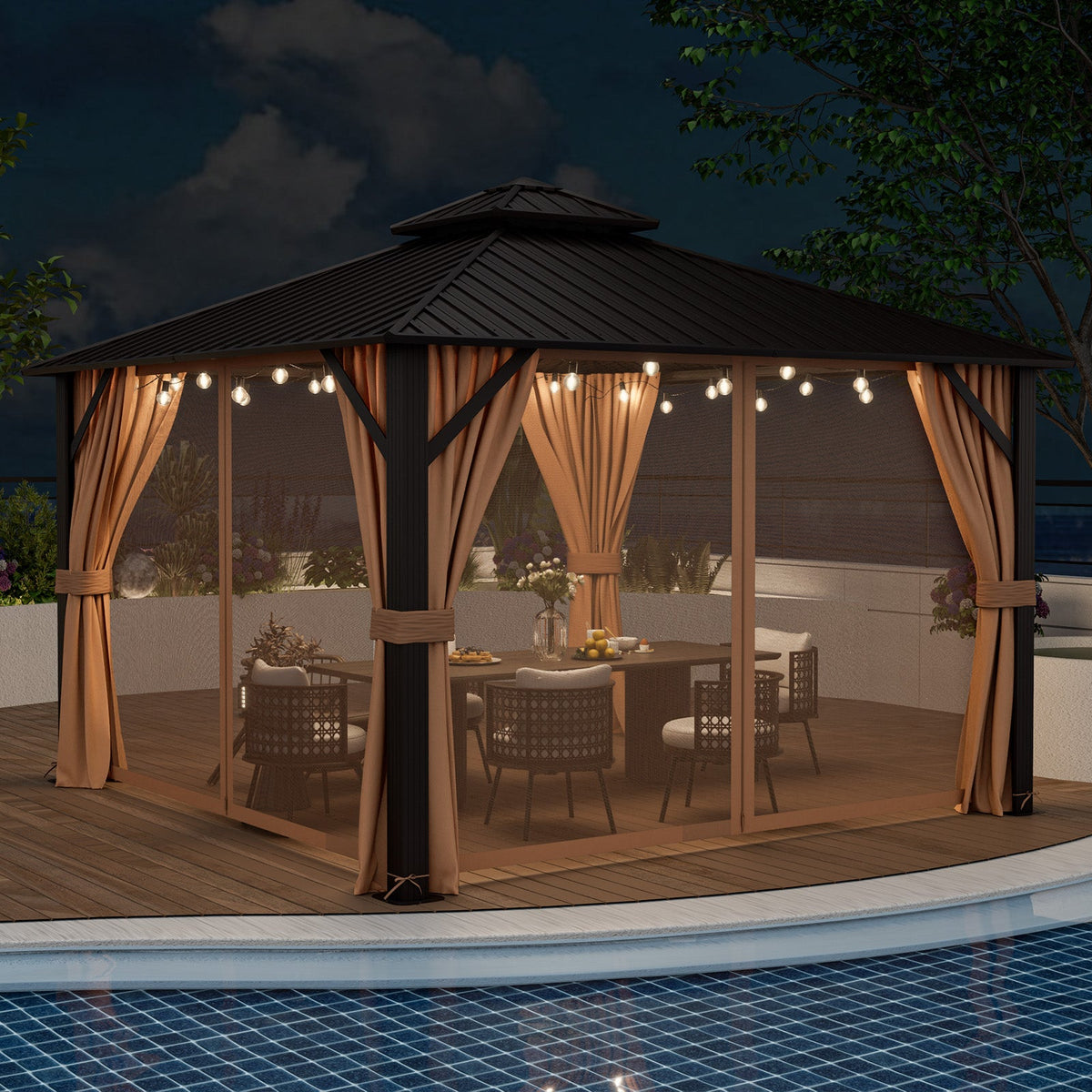 Double-Roof Hardtop Gazebo with Galvanized Steel Roof, Curtains & Netting – Coffee – 12' x 12'