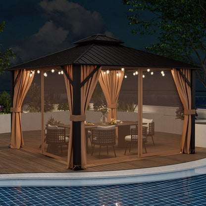 Double-Roof Hardtop Gazebo with Galvanized Steel Roof, Curtains & Netting – Coffee – 12' x 12'