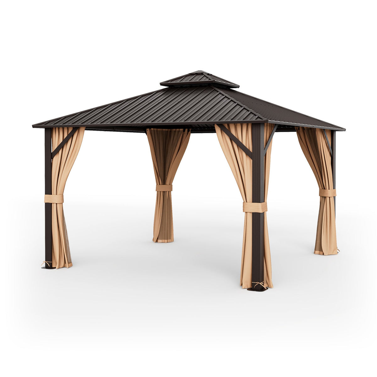 Double-Roof Hardtop Gazebo with Galvanized Steel Roof, Curtains & Netting – Coffee – 12' x 12'