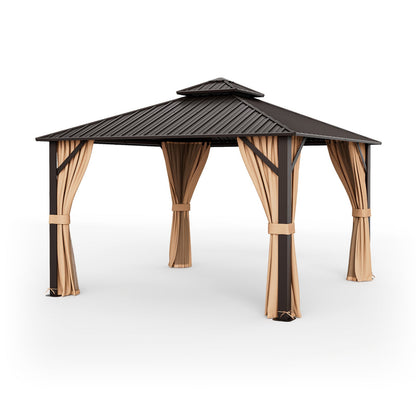 Double-Roof Hardtop Gazebo with Galvanized Steel Roof, Curtains & Netting – Coffee – 12' x 12'