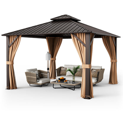 Double-Roof Hardtop Gazebo with Galvanized Steel Roof, Curtains & Netting – Coffee – 12' x 12'