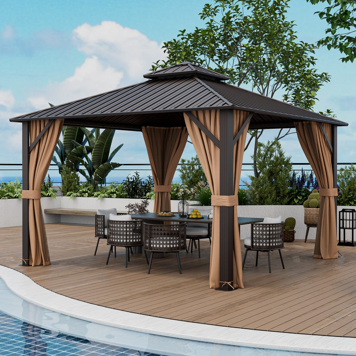 Double-Roof Hardtop Gazebo with Galvanized Steel Roof, Curtains & Netting – Coffee – 12' x 12'