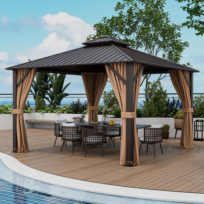 Double-Roof Hardtop Gazebo with Galvanized Steel Roof, Curtains & Netting – Coffee – 12' x 12'