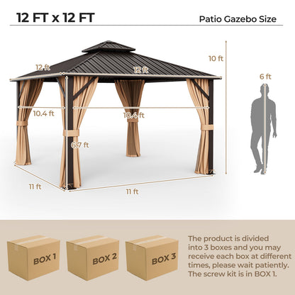 Double-Roof Hardtop Gazebo with Galvanized Steel Roof, Curtains & Netting – Coffee – 12' x 12'