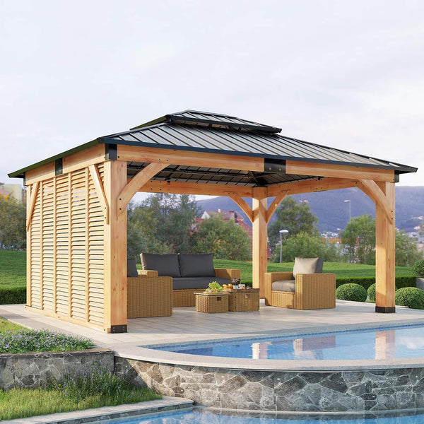 Alora Modern Double-Tier Hardtop Spruce Wood Gazebo With Built-In Privacy Wall & Ceiling Hooks - 12' x 14'