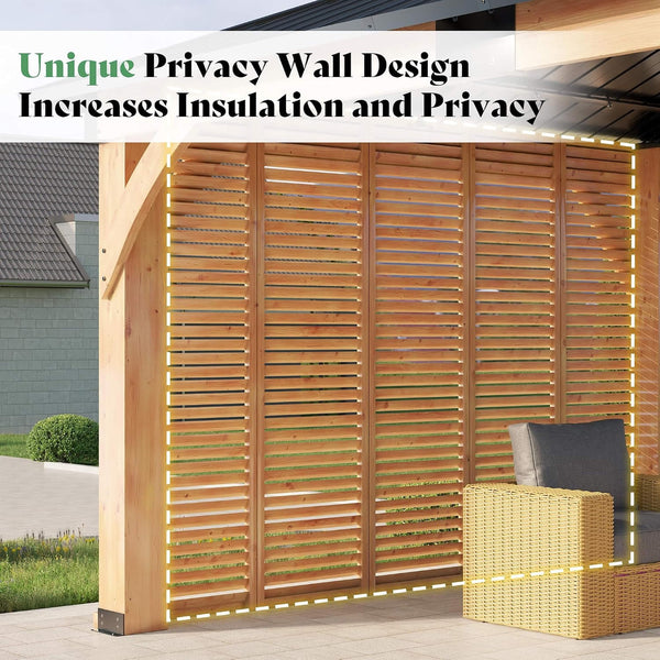 Alora Modern Double-Tier Hardtop Spruce Wood Gazebo With Built-In Privacy Wall & Ceiling Hooks - 12' x 14'