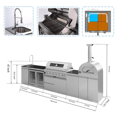 Blazon Outdoor Kitchen Island 6-Burner 120K BTU With Pizza Oven, Rotisserie And Refrigerator 147"