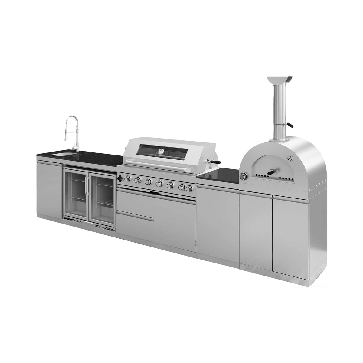 Blazon Outdoor Kitchen Island 6-Burner 120K BTU With Pizza Oven, Rotisserie And Refrigerator 147"