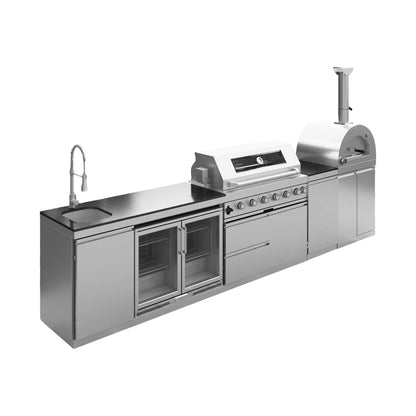 Blazon Outdoor Kitchen Island 6-Burner 120K BTU With Pizza Oven, Rotisserie And Refrigerator 147"