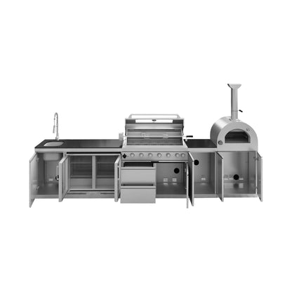 Blazon Outdoor Kitchen Island 6-Burner 120K BTU With Pizza Oven, Rotisserie And Refrigerator 147"